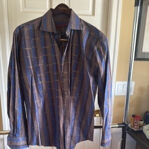 Bugatchi Blue and Brown Casual Button Down Shirt